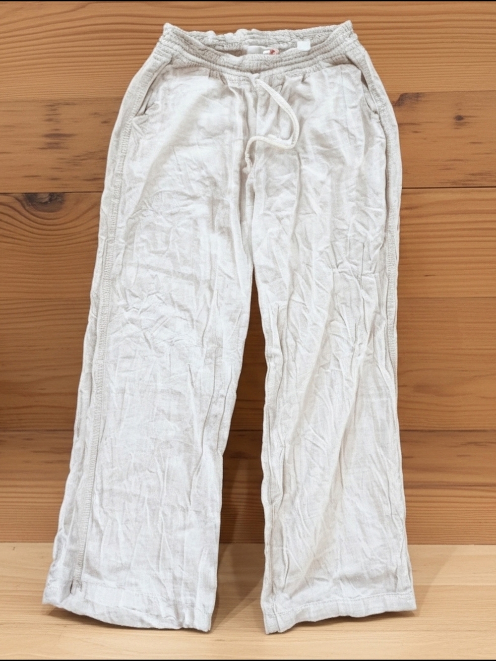 Angel Kiss Linen Beach Pants Women's L Beige Drawstring Elastic Waist Pockets